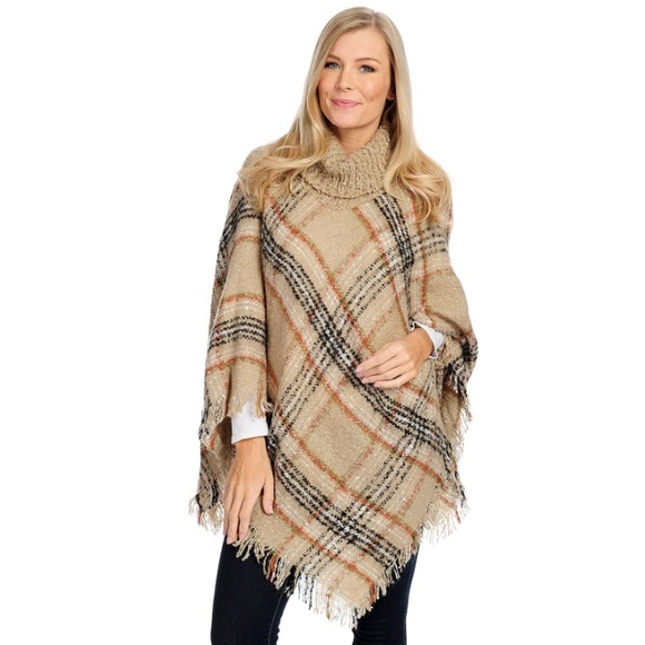 Harve Benard Tops - Harve Bernard Knit Woven Plaid Cowl Neck Poncho